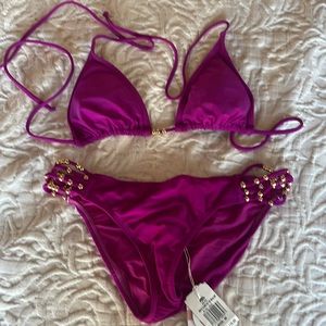 Purple bikini with gold beads
